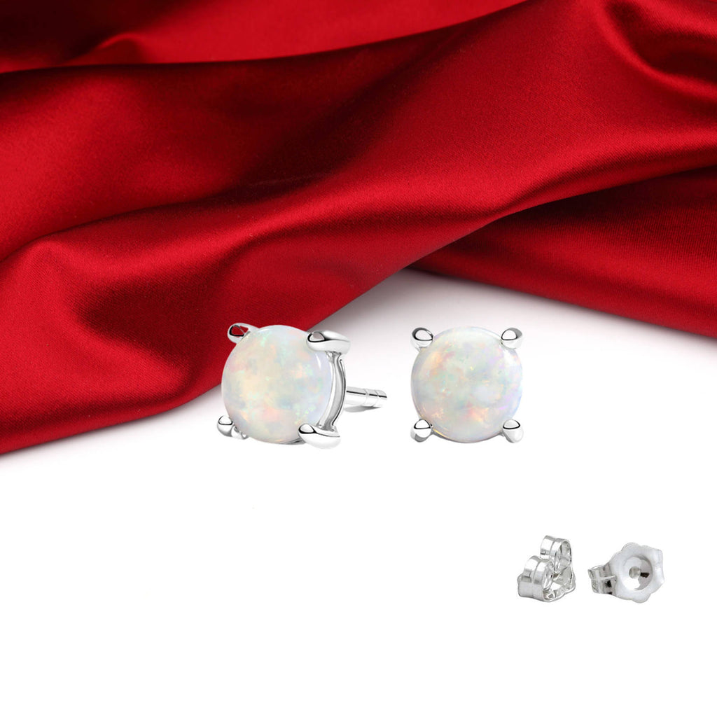 Mini Round Opal Stud Earrings, Sterling Silver Plated