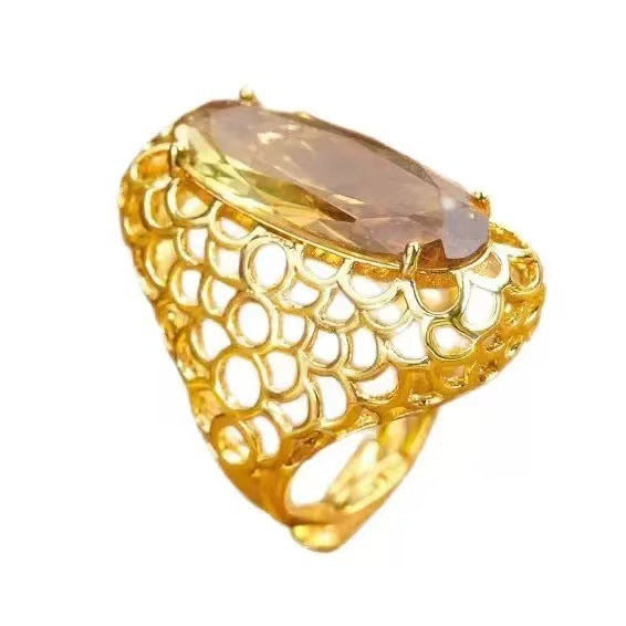 Vintage Hollow Honeycomb Mesh Oval Citrine Crystal Open Adjustable Ring Gold Plated Retro Antique Wide Band Statement Cocktail Ring For Women