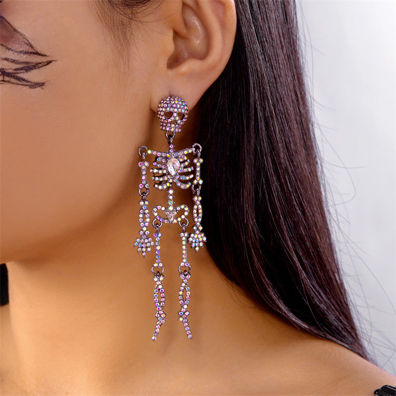 Rhinestone Skeleton Dangle Earrings, Vintage Articulated Skull Drop Earrings Gothic Halloween Party Statement Earrings For Women