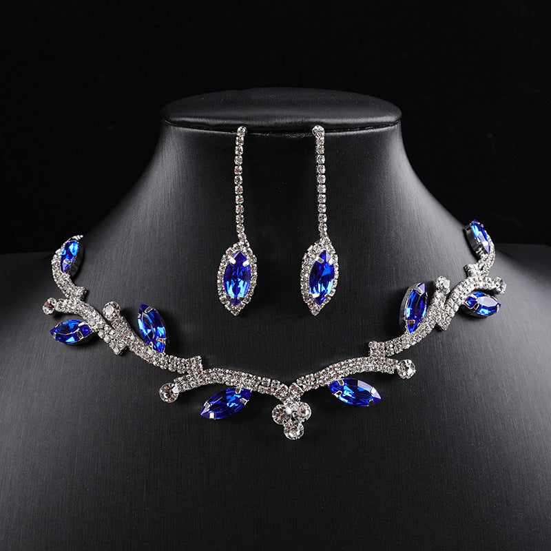 Leaf Branch Marquise Crystal Jewelry Set, Silver Rhinestone Choker Necklace & Long Drop Dangle Earrings Formal Accessory