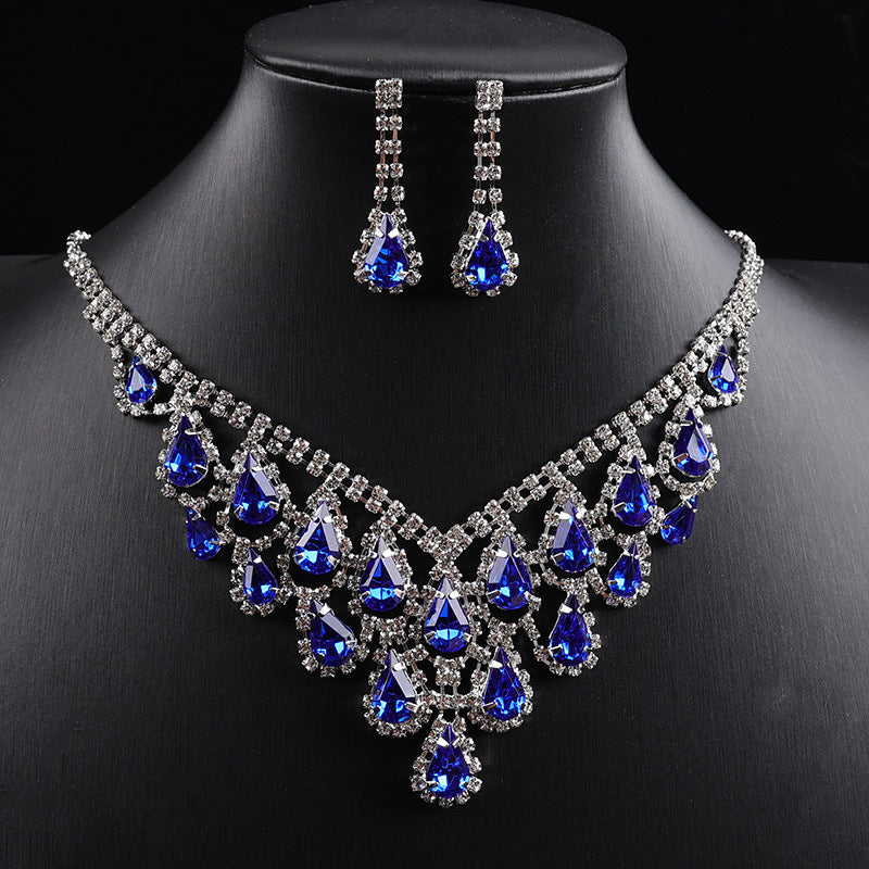 Teardrop Crystal Fringe Necklace Earring Jewelry Set, Formal Pageant Statement Jewelry