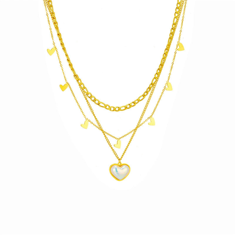 Multi-layer Heart Shell Pendant Necklace, Gold Plated Stainless Steel Hypoallergenic No Fade Choker