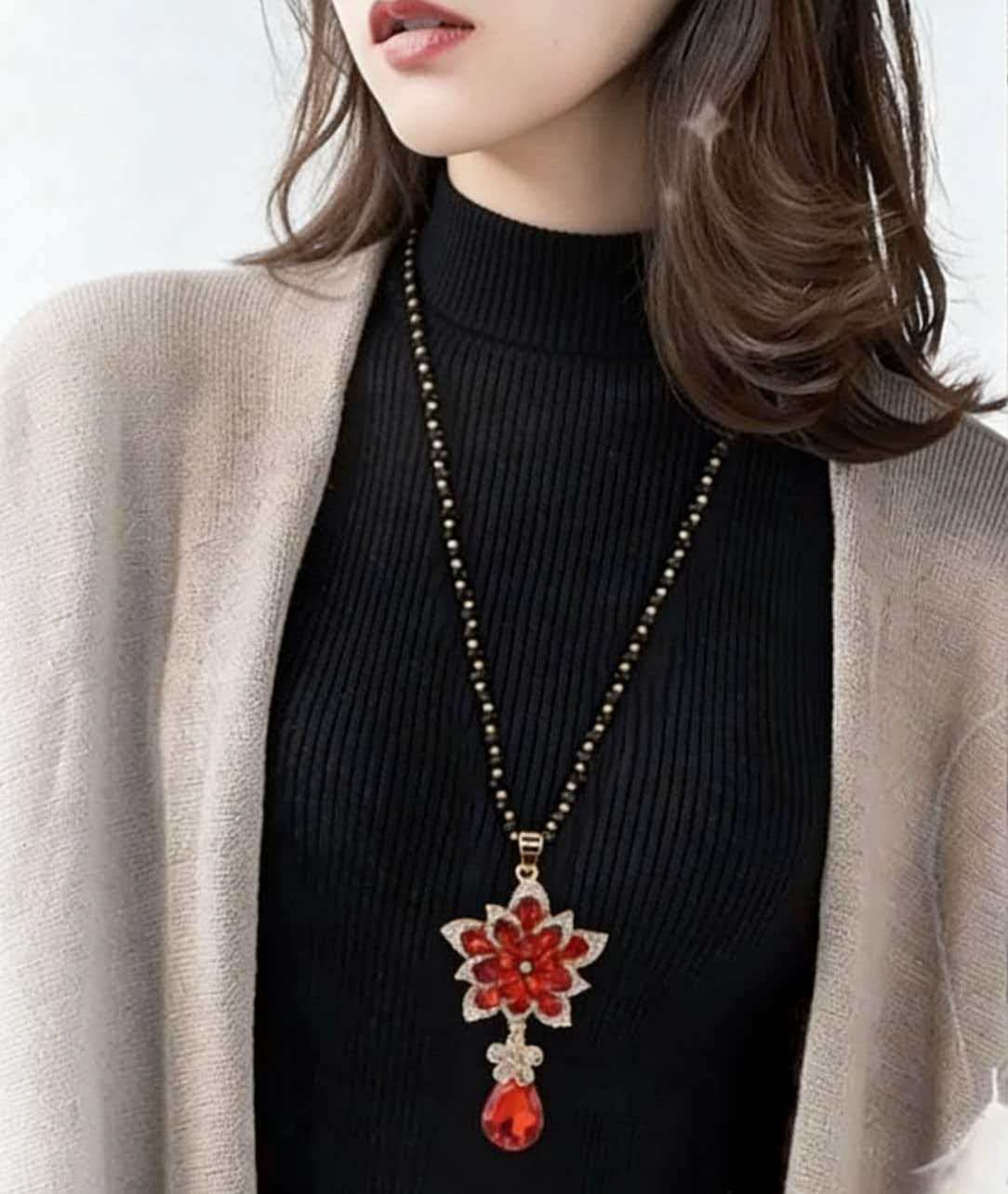 Floral Crystal Teardrop Pendant Long Sweater Necklace Black Bead Chain Gold Plated Women Vintage Jewelry