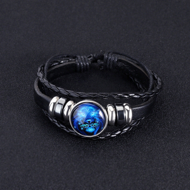 12 Constellation Luminous Braided Leather Bracelet, Adjustable Zodiac Sign Glow In The Dark Wristband For Men Women
