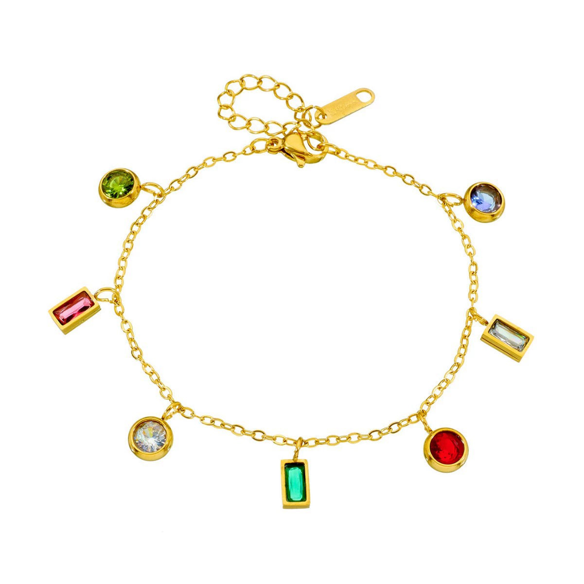Colorful Zircon Gold Plated Bracelet, Anti-allergy Stainless Steel, No Fade Charm Bangle