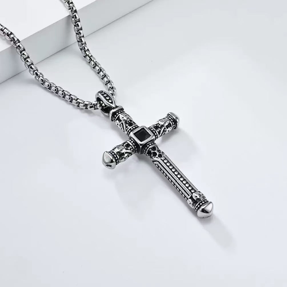 Mens Vintage Skull Cross Pendant Stainless Steel Necklace 60cm Box Chain Black Onyx Punk Biker Jewelry Silver Gold