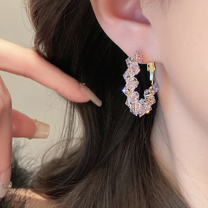 Dainty C-Shape Hoop Earrings, Full Paved Multi-Faceted Cubic Zirconia Crystal Oval Huggie Earrings Gold Plated Sparkly Statement Earrings for Women Wedding Party Dating