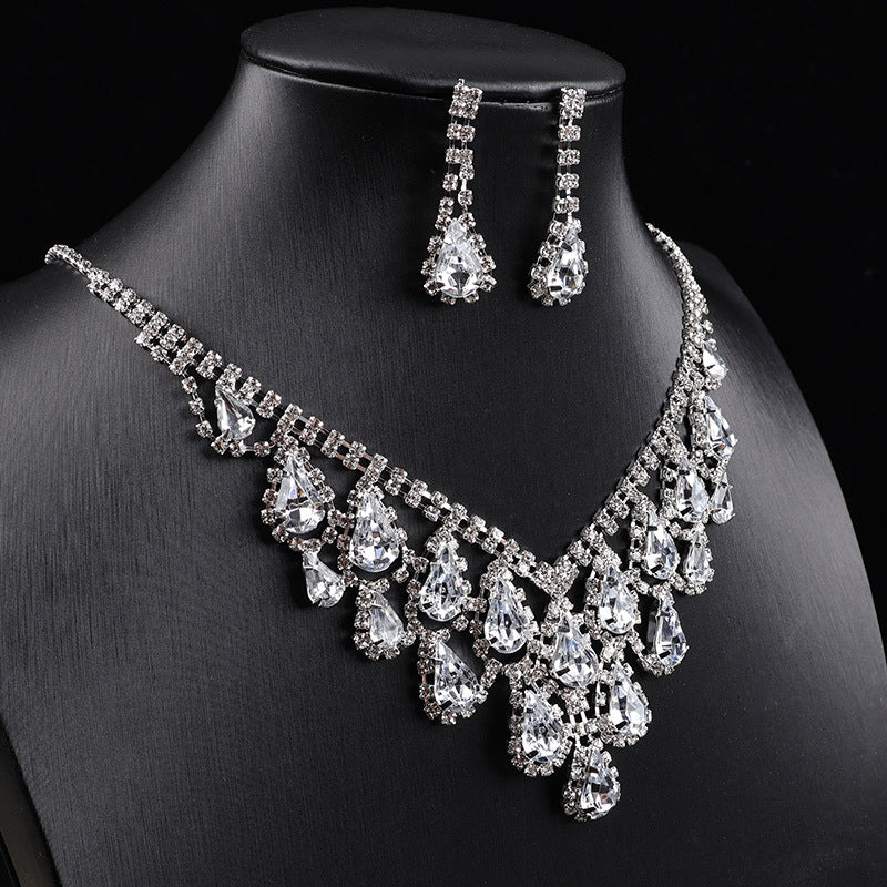 Teardrop Crystal Fringe Necklace Earring Jewelry Set, Formal Pageant Statement Jewelry