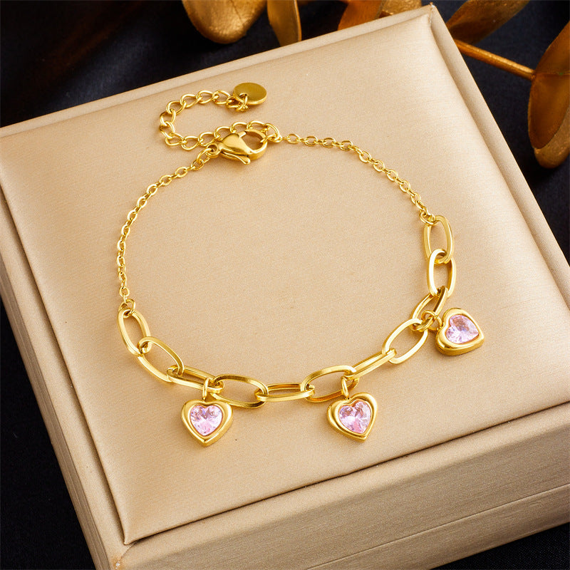 18K Gold Plated Stainless Steel Paperclip Chain Heart Cubic Zirconia Charm Bracelet, Adjustable Dainty Bracelet