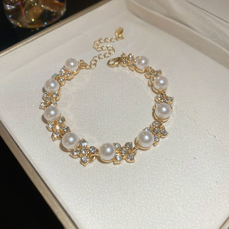 Gold Plated Alloy Pearl Rhinestone Jewelry Set, French Floral Crystal Round Pearl Necklace Bracelet Drop Earrings Matching Set For Women Wedding Party