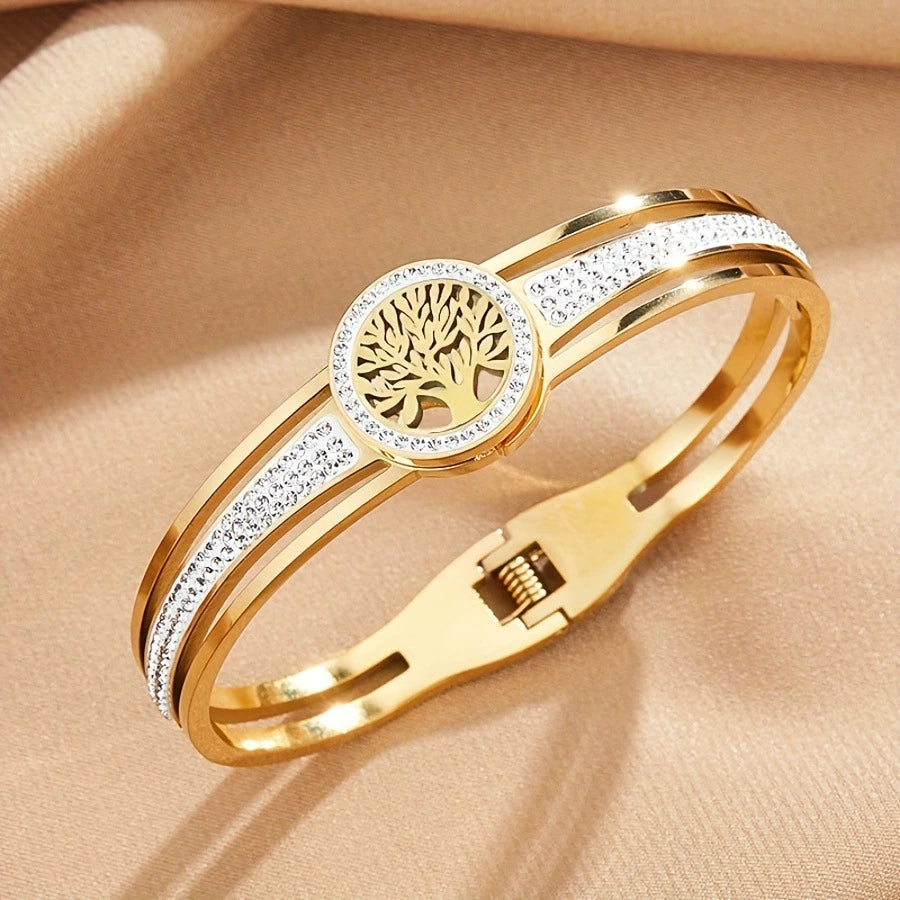Life Tree Hollow Zircon Inlaid Bangle, Gold Plated Stainless Steel Hypoallergenic Spring Bracelet
