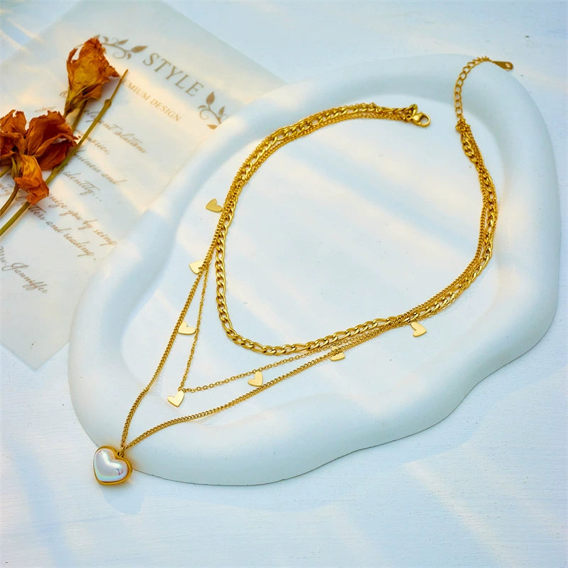 Multi-layer Heart Shell Pendant Necklace, Gold Plated Stainless Steel Hypoallergenic No Fade Choker