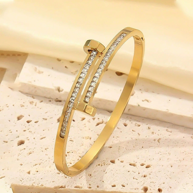 18K Gold Plated Titanium Steel Geometric Bangle Bracelet, Tarnish Resistant Cubic Zirconia Open Cuff Bracelet, Minimalist Waterproof Stackable Wrist Jewelry For Women