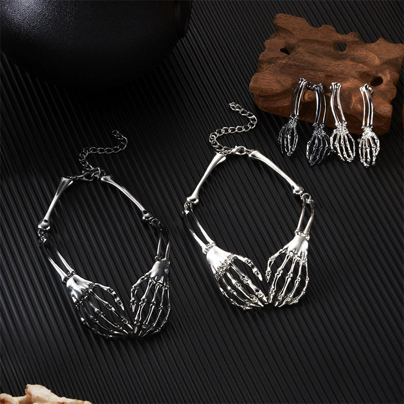 Gothic Skeleton Hand Jewelry Set, Vintage Skull Bone Choker Necklace & Drop Earrings Set Halloween Punk Statement Jewelry For Women