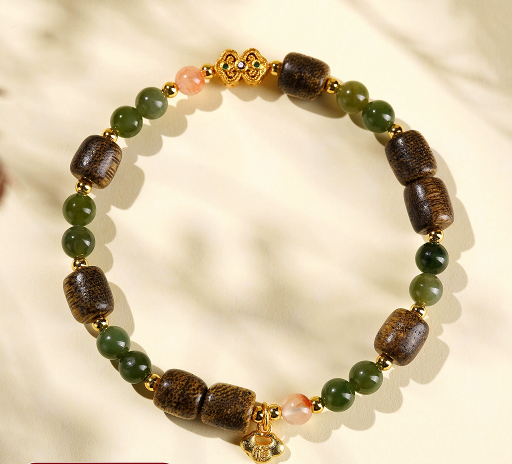 Natural Agarwood Barrel Bead Bracelet with Green Nephrite Jade, South Red Agate & Gold Ruyi Lock Charm, Elastic Chinese Vintage Bracelet for Men Women, Good Luck Meditation Bracelet