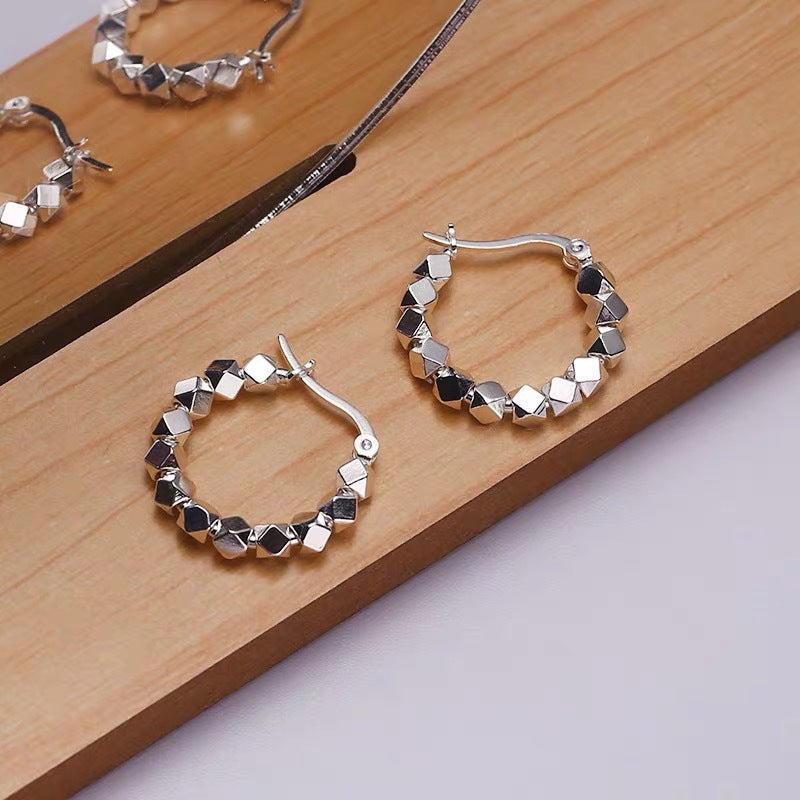 925 Sterling Silver Irregular Broken Cube Hoop Earrings, Dainty Multi-Faceted Rhombus Bead Huggie Ear Buckles Minimalist Korean Daily Earrings for Women