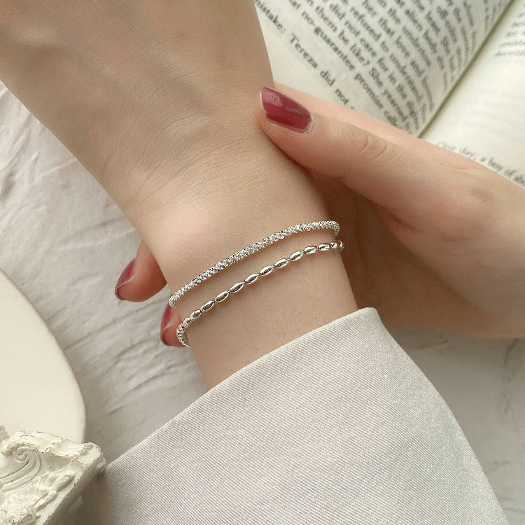 S925 Sterling Silver Double Layer Bracelet, Sparkling Starry Sky Rice Bead Two-Strand Dainty Stack Wrist Chain with Adjustable Extension Chain for Women Minimalist Daily Jewelry