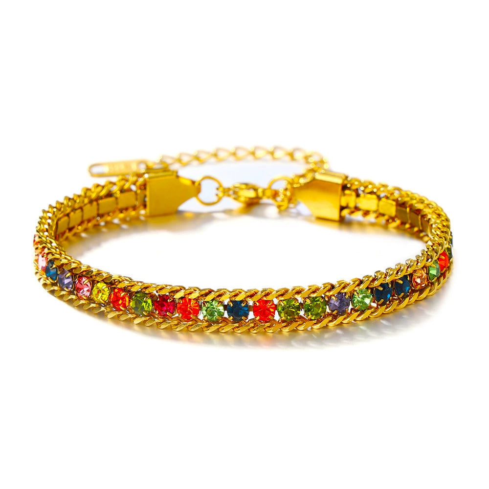 Gold Plated Cuban Link Color Zircon Bracelet, Stainless Steel Hypoallergenic Adjustable Trendy Bangle