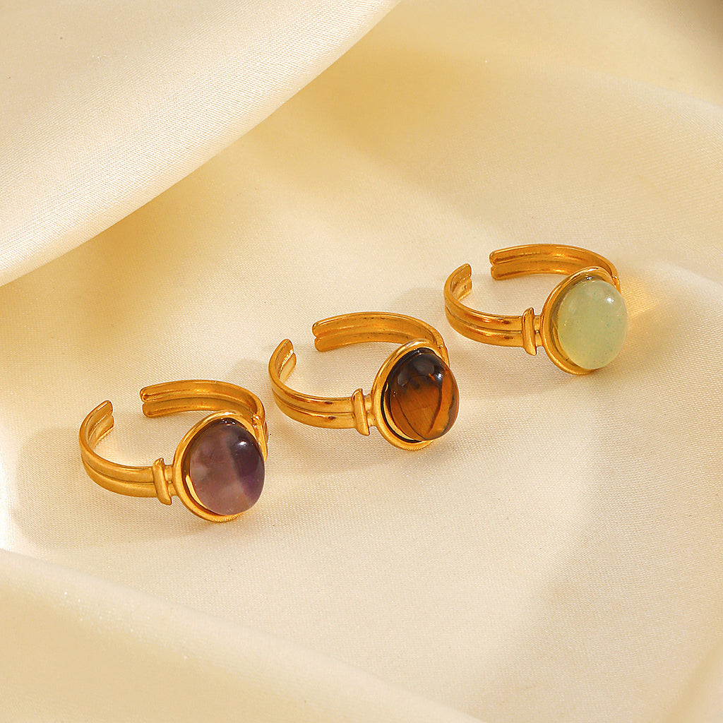 Vintage Natural Stone Stainless Steel Open Adjustable Ring, 18K Gold Plated Tarnish Resistant Gemstone Stackable Ring For Women