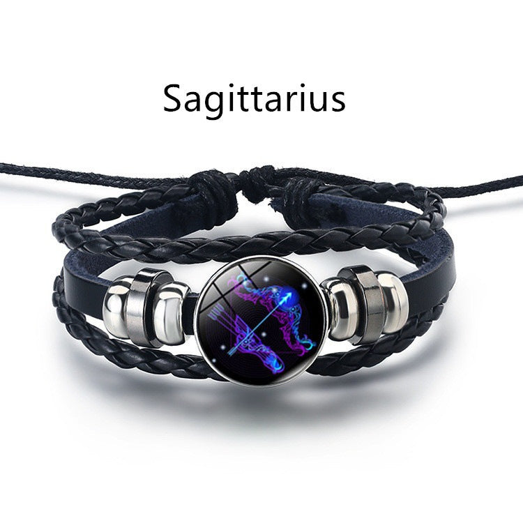 12 Constellation Luminous Braided Leather Bracelet, Adjustable Zodiac Sign Glow In The Dark Wristband For Men Women