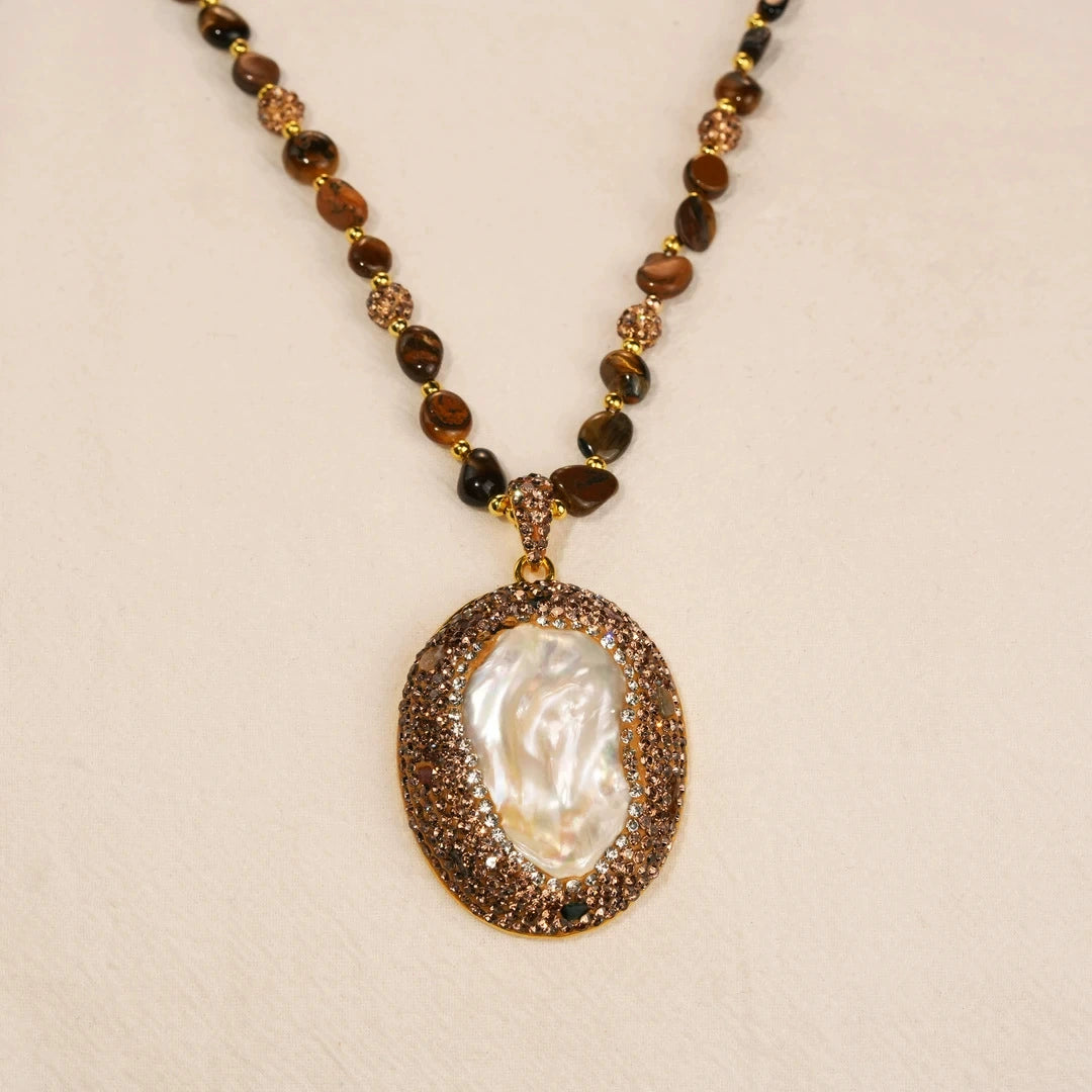 Vintage Natural Baroque Pearl Pendant Long Sweater Necklace Irregular Tiger Eye Stone Beaded Chain Full Champagne Rhinestone Oval Frame Women Retro Layer Jewelry