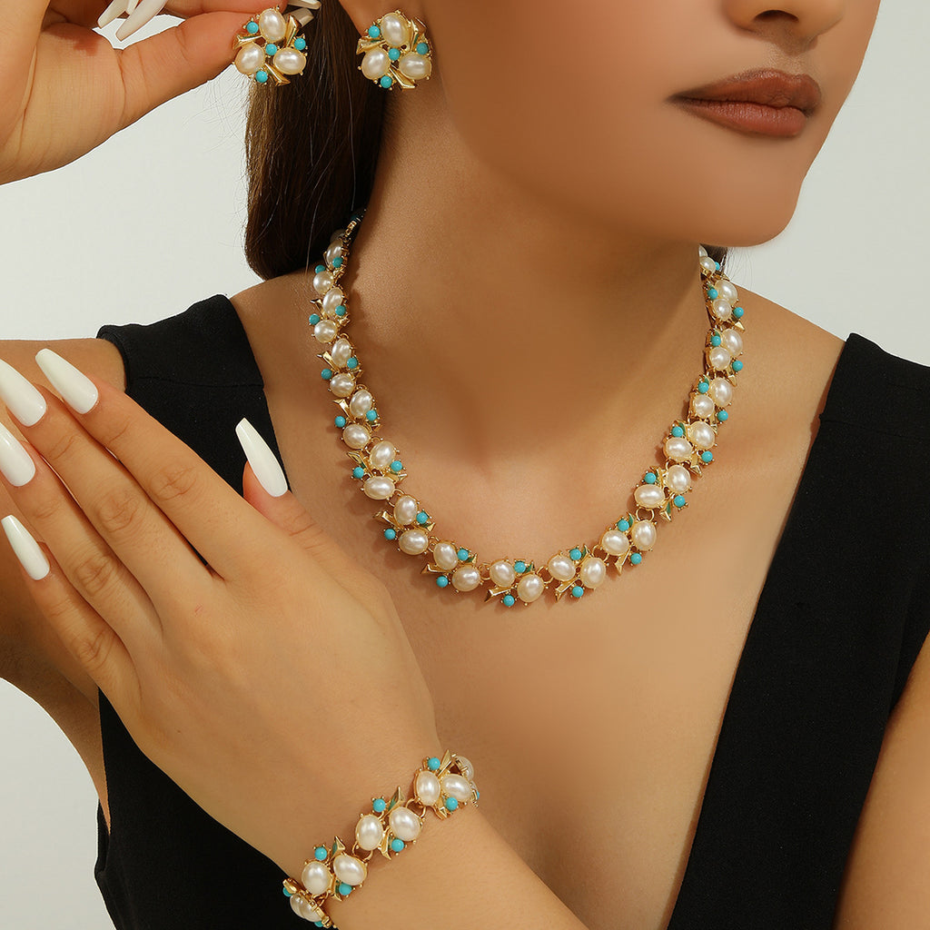 Parure de bijoux 3 pièces plaqué or avec perles d'imitation et cristaux turquoises, collier + bracelet + boucles d'oreilles anti-allergiques pour fête de mariage