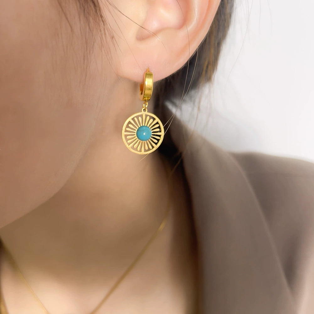 Vintage Sun Cutout Turquoise Hoop Earrings, Hypoallergenic Titanium Steel Boho Dangle Earring