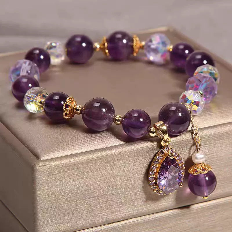 Natural Amethyst Round Bead Bracelet, Vintage Teardrop Pave Crystal Charm Bracelet, Bohemian Forest Style Purple Crystal Stretch Beaded Bracelet for Women Gift