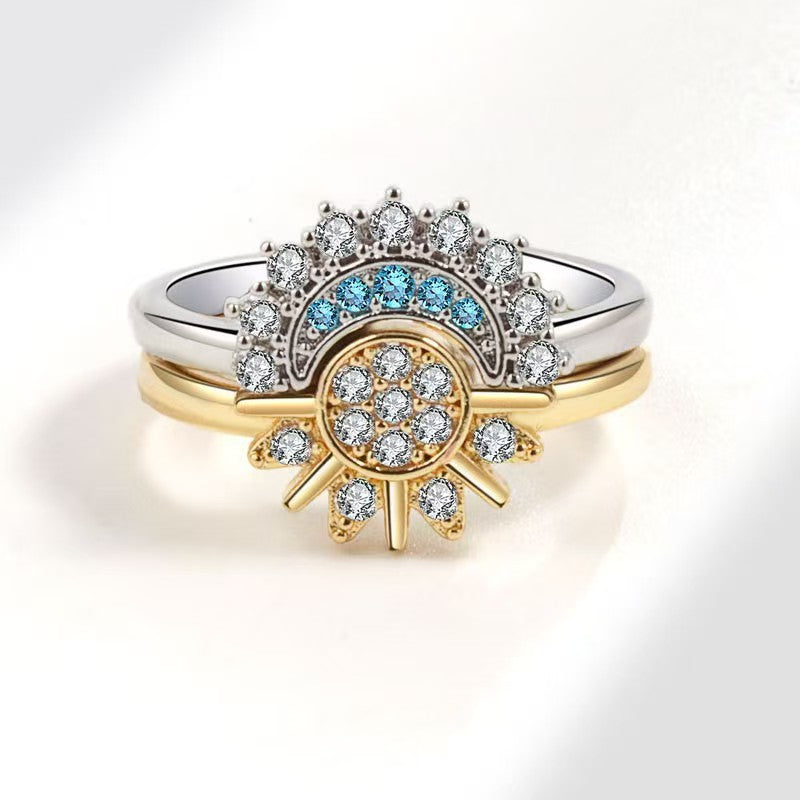 2Pcs Sun Moon Stackable Open Ring Set, Silver & Gold Plated Cubic Zirconia Adjustable Couple Rings