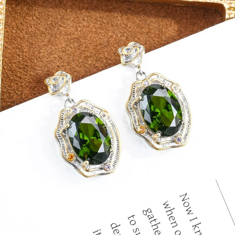 Retro Baroque Olive Green Peridot Crystal Earrings 925 Silver Stud Antique Textured Bi-Color Metal Inlaid Mini Zircon Formal Wedding Banquet Drop Earrings