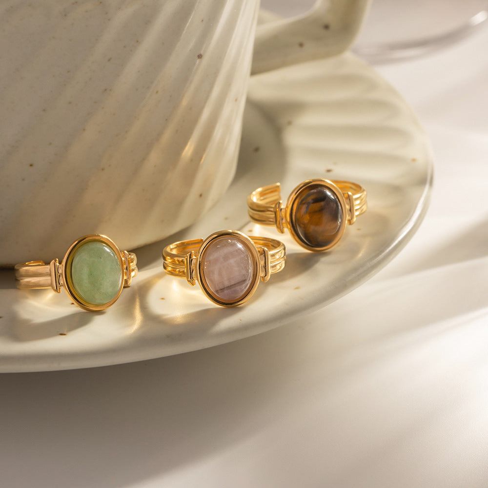 Vintage Natural Stone Stainless Steel Open Adjustable Ring, 18K Gold Plated Tarnish Resistant Gemstone Stackable Ring For Women