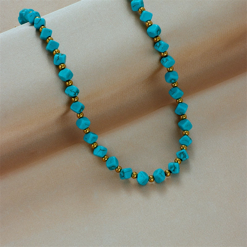 Boho Irregular Turquoise Bead Choker, Gold Spacer Beads Hypoallergenic Vintage Necklace