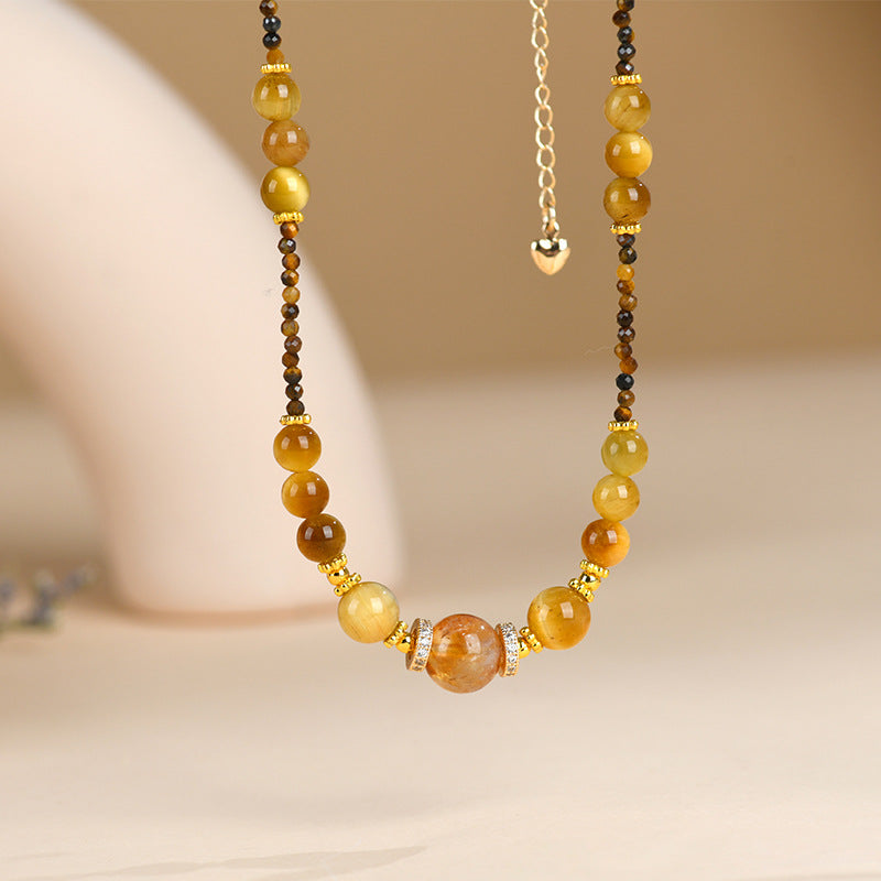 Natural Golden Tiger Eye & Yellow Rutilated Quartz Choker Necklace for Women, Dainty Beaded Tiger Eye Stone Collarbone Necklace with Extension Chain, Crystal Healing Jewelry Gift