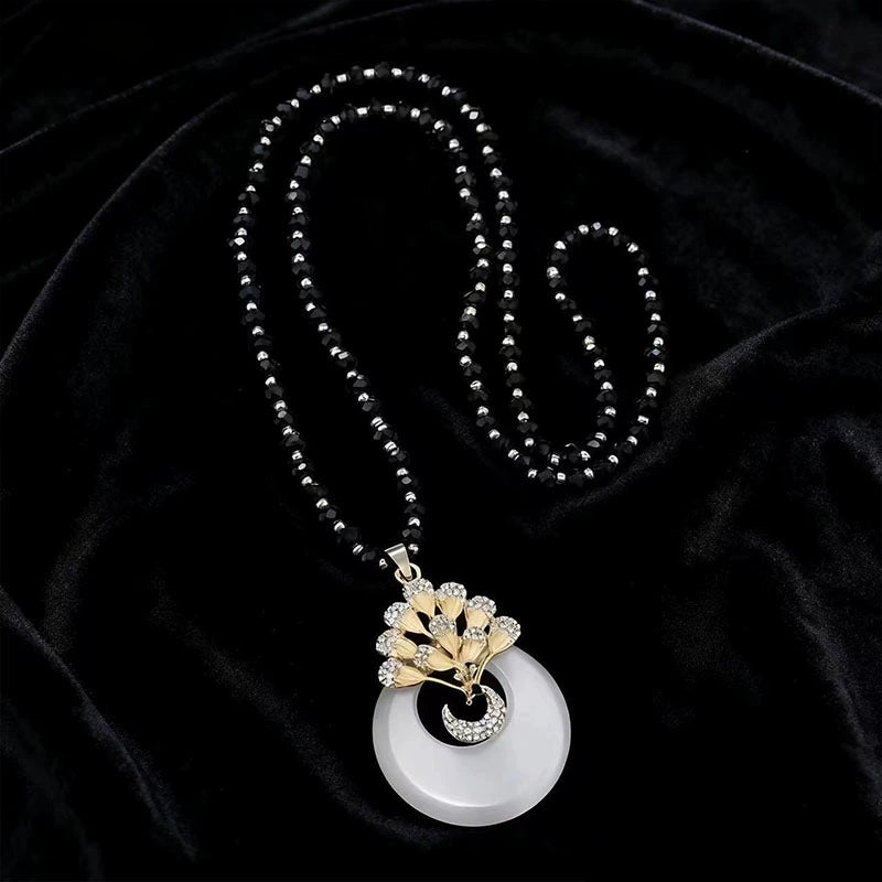 80cm Long Vintage White Jade Peace Donut Peacock Pendant Sweater Necklace Black Faceted Crystal Bead Chain Gold Plated Chinese Ethnic Layering Jewelry For Women