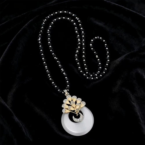 80cm Long Vintage White Jade Peace Donut Peacock Pendant Sweater Necklace Black Faceted Crystal Bead Chain Gold Plated Chinese Ethnic Layering Jewelry For Women