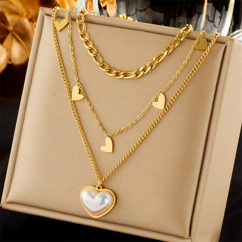 Multi-layer Heart Shell Pendant Necklace, Gold Plated Stainless Steel Hypoallergenic No Fade Choker