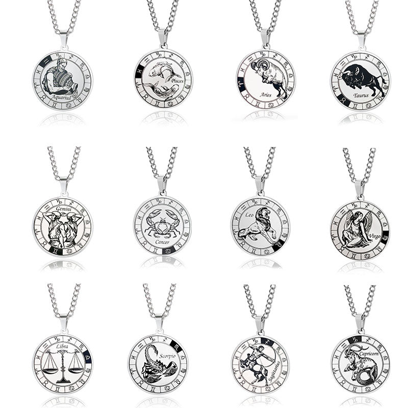 12 Zodiac Sign Stainless Steel Pendant Necklace Engraved Horoscope Coin 60cm Curb Chain Unisex Gift