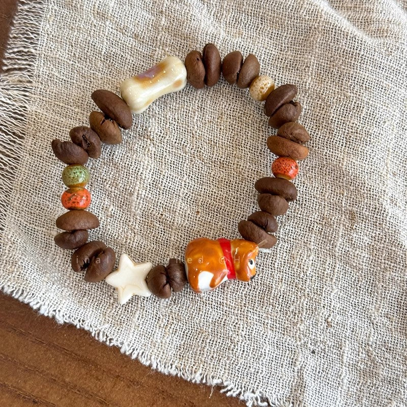 Handmade Real Coffee Bean Beaded Bracelet for Women, Cute Cartoon Dog & Fish Charm Natural Coffee Seed Stretch Bracelet Casual Coffee Lover Wrist Jewelry