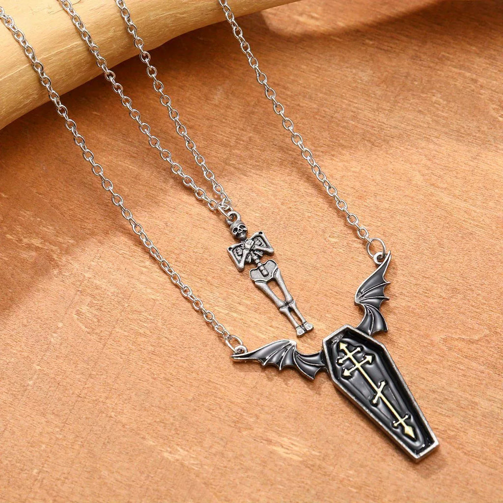 2Pcs Gothic Coffin Pendant Necklaces, Bat Wing Coffin Cross Necklace & Detachable Skeleton Body Pendant Necklace, Vintage Dark Punk Halloween Jewelry Set for Men Women