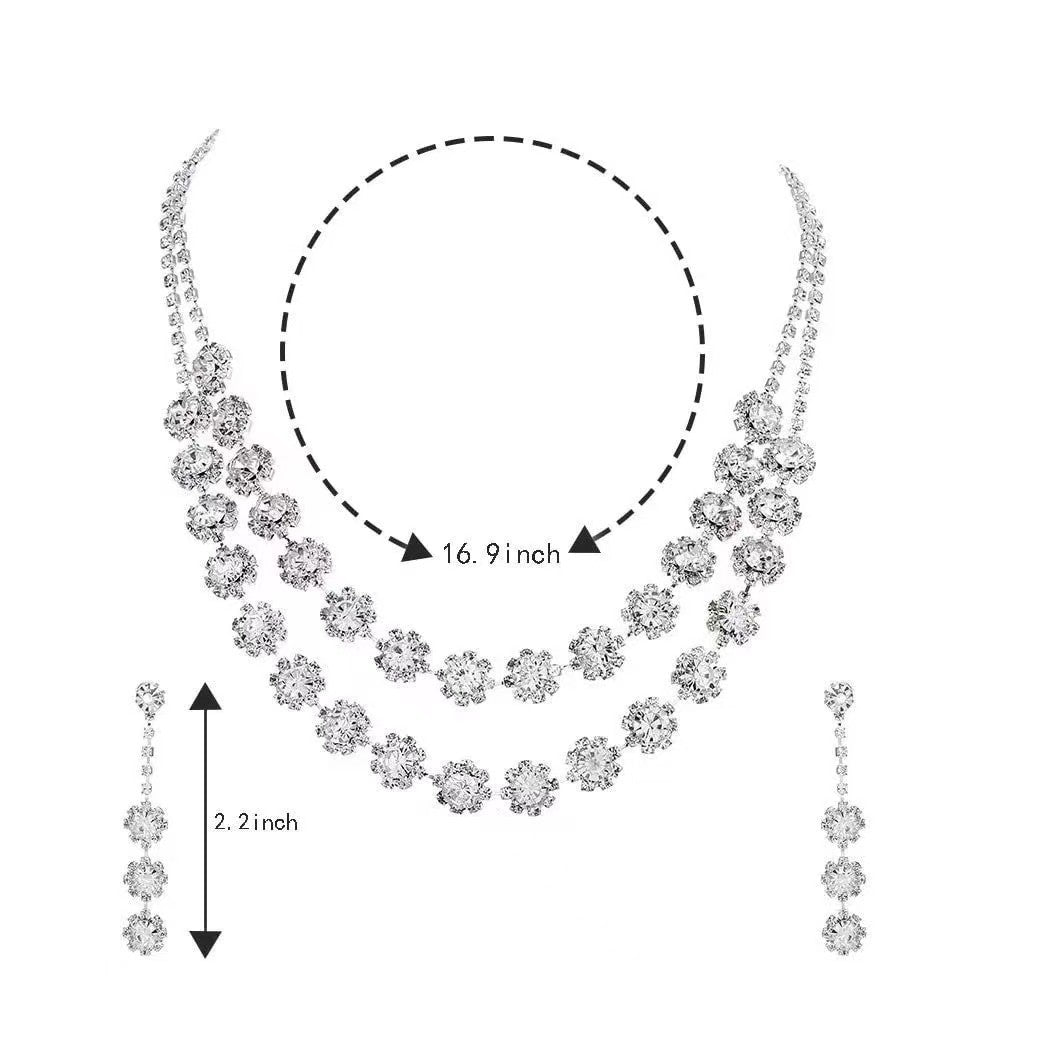 Double Layer Floral Zircon Jewelry Set, Necklace Earrings Bracelet Hypoallergenic