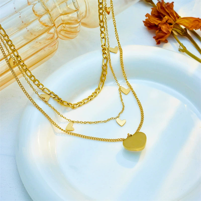 Multi-layer Heart Shell Pendant Necklace, Gold Plated Stainless Steel Hypoallergenic No Fade Choker