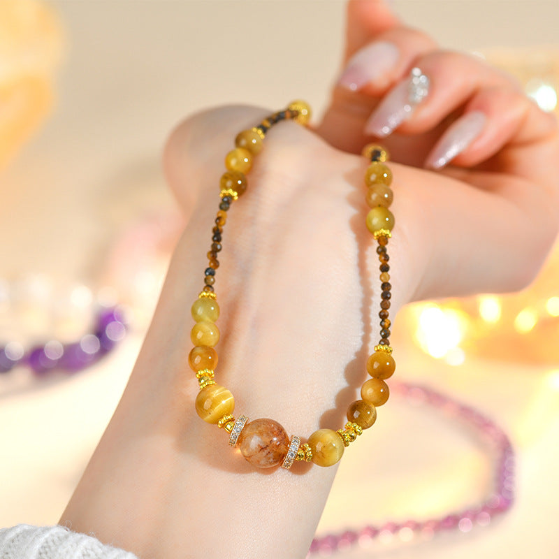 Natural Golden Tiger Eye & Yellow Rutilated Quartz Choker Necklace for Women, Dainty Beaded Tiger Eye Stone Collarbone Necklace with Extension Chain, Crystal Healing Jewelry Gift