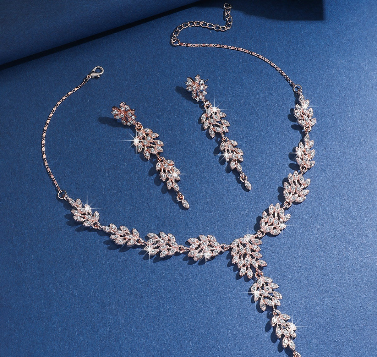 Leaf Shape Cubic Zirconia Jewelry Set | Necklace & Drop Earrings, Hypoallergenic 3 Colors