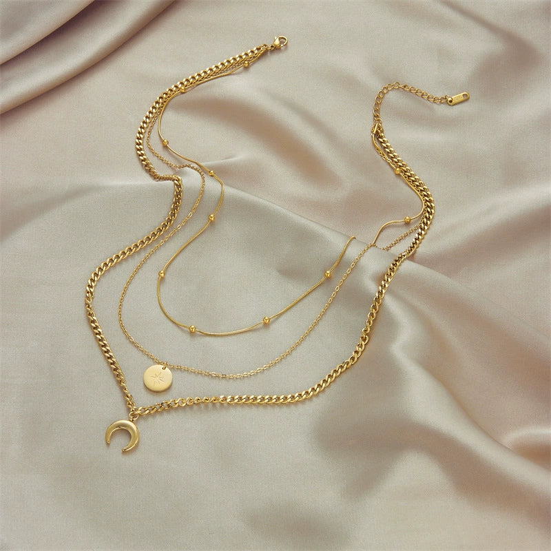 18K Gold Plated Stainless Steel 3 Layered Stackable Necklace, Celestial Star Disc & Moon Pendant Adjustable Chain