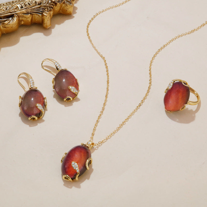 Thermochromic Temperature Sensitive Color Shift Gem Jewelry Kit Oval Mood Stone Drop Earring Adjustable Band Ring Chain Necklace