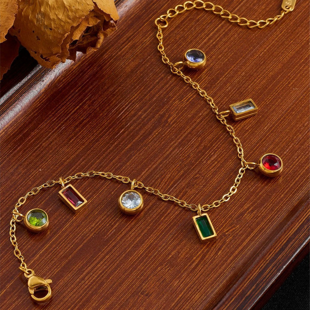 Colorful Zircon Gold Plated Bracelet, Anti-allergy Stainless Steel, No Fade Charm Bangle