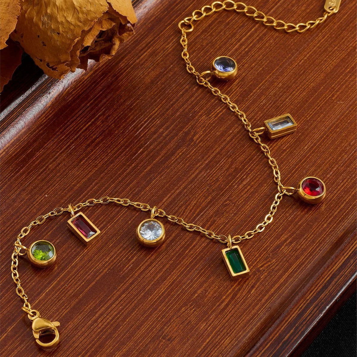 Colorful Zircon Gold Plated Bracelet, Anti-allergy Stainless Steel, No Fade Charm Bangle