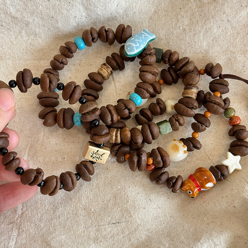 Handmade Real Coffee Bean Beaded Bracelet for Women, Cute Cartoon Dog & Fish Charm Natural Coffee Seed Stretch Bracelet Casual Coffee Lover Wrist Jewelry