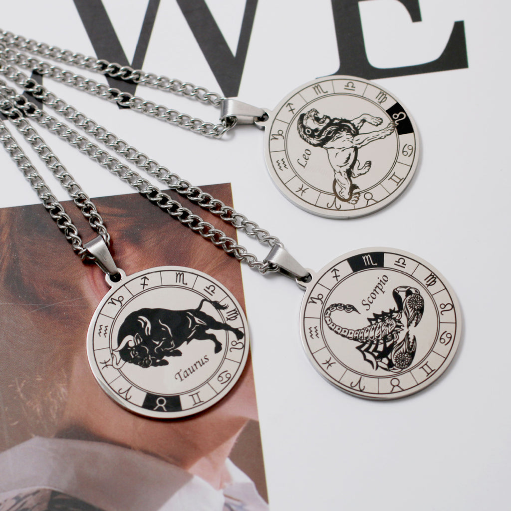12 Zodiac Sign Stainless Steel Pendant Necklace Engraved Horoscope Coin 60cm Curb Chain Unisex Gift