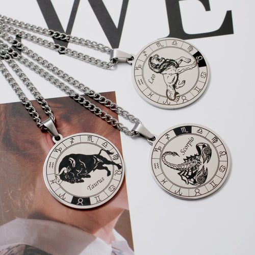 12 Zodiac Sign Stainless Steel Pendant Necklace Engraved Horoscope Coin 60cm Curb Chain Unisex Gift